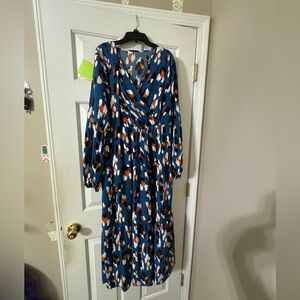 XL Teal, Orange, Black, & White, Modest Fall Dress, Leopard Print.